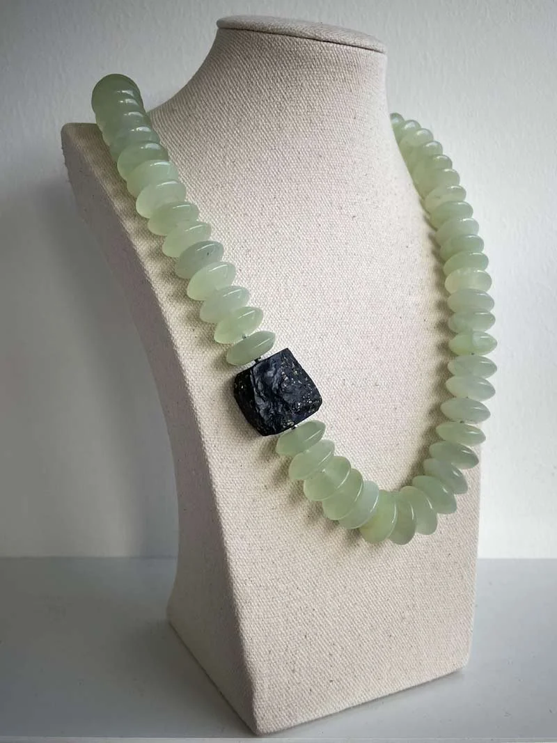 Serpentine rondelle necklace with interchangeable slate pyrite feature clasp - part of Clasped's interchangeable necklace range