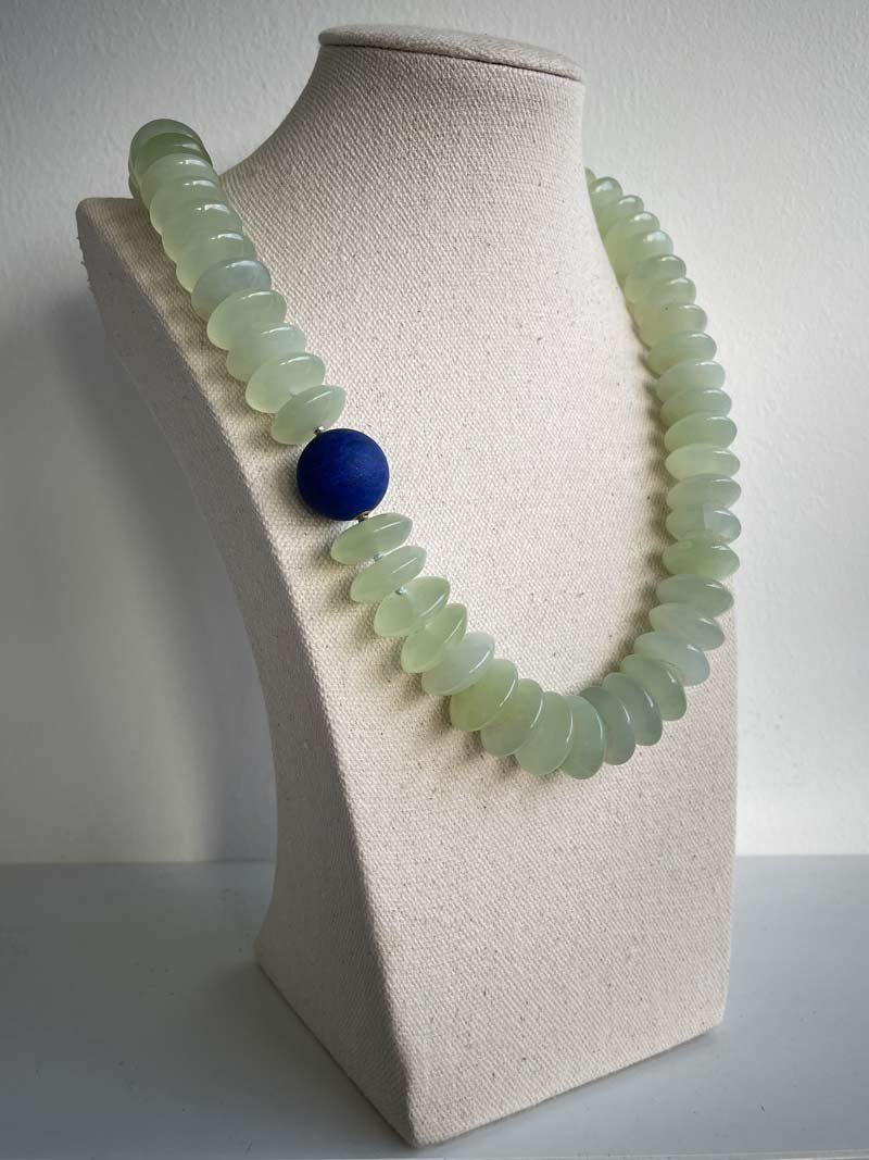 Serpentine rondelle necklace with interchangeable matte lapis feature clasp - part of Clasped's interchangeable necklace system