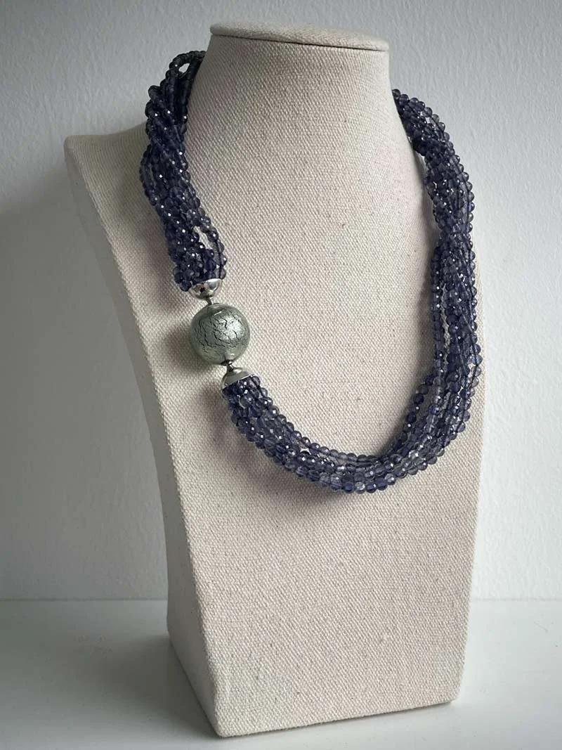 Faceted iolite multistrand necklace with silver grey Murano glass feature clasp - part of Clasped's interchangeable necklace range