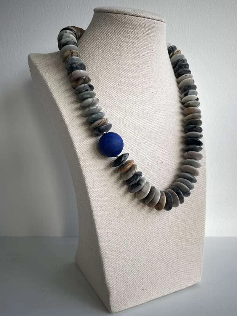 Picasso jasper rondelle bead necklace with interchangeable matte lapis feature clasp - part of Clasped's interchangeable necklace system