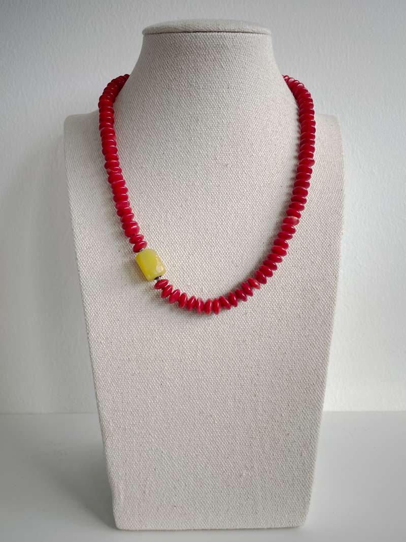 8mm red coral rondelle necklace with small interchangeable yellow agate nugget feature clasp