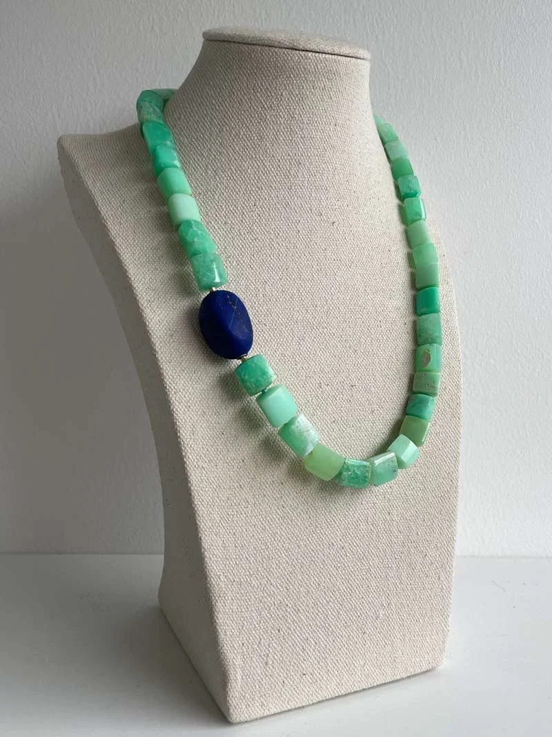Graduated pale green chrysoprase triangular barrel shaped bead necklace with matte ovoid lapis lazuli feature clasp - part of Clasped's interchangeable necklace system
