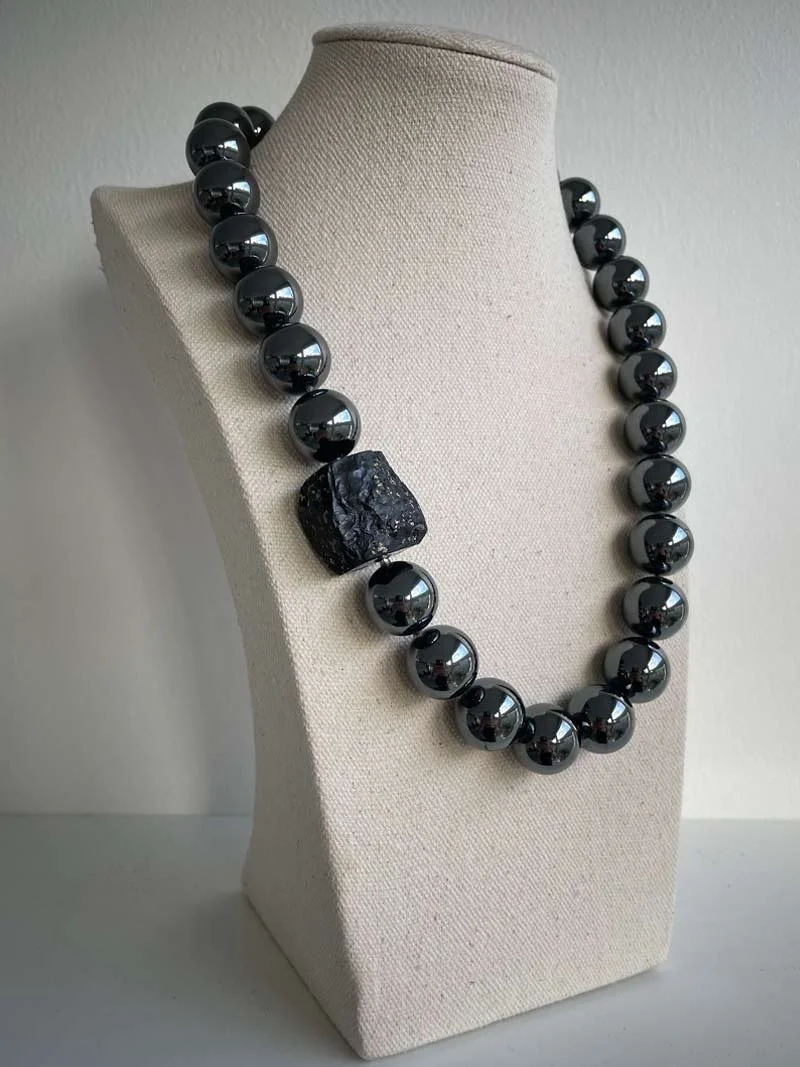 16mm hematite bead necklace featuring a large slate pyrite feature clasp - part of Clasped's interchangeable necklace system