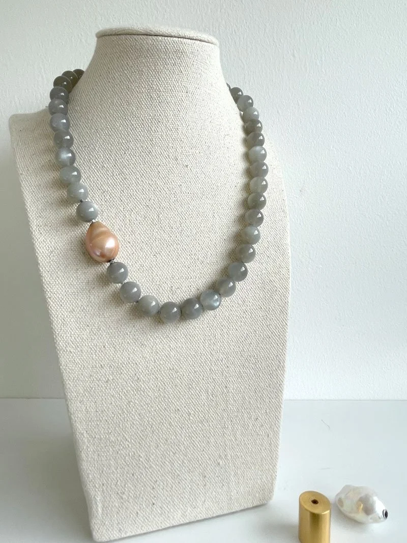 10mm mid grey moonstone bead necklace with interchangeable peach keshi pearl feature clasp
