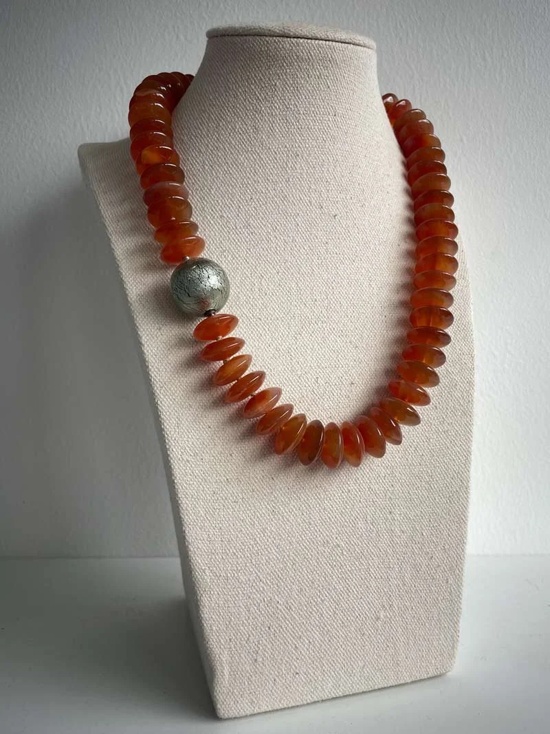 Carnelian rondelle necklace with silver grey Murano glass feature clasp - part of Clasped's interchangeable necklace range