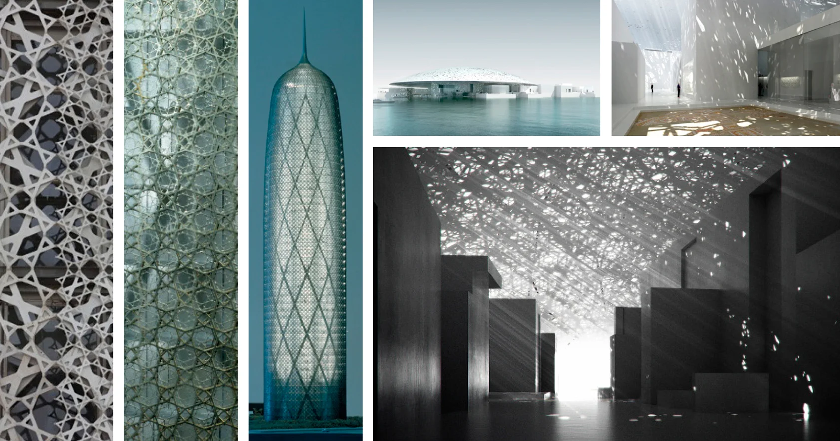 The project was greatly inspired by the architect Jean Nouvel, who emphasizes transparency in many of his projects, as an integral part of his design concept. Above: model shots of the Doha Tower in Qatar, In which the facade is built in a traditional Islamic pattern and serves as a ‘mashrabia’ providing shade, and images of Nouvel’s Louvre in Abu Dhabi, with its web-patterned dome allowing the sun to filter through. 