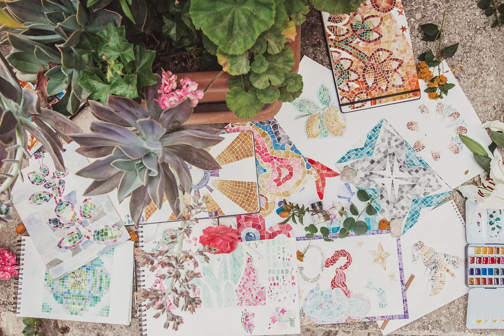 Mosaic paintings in process by the group