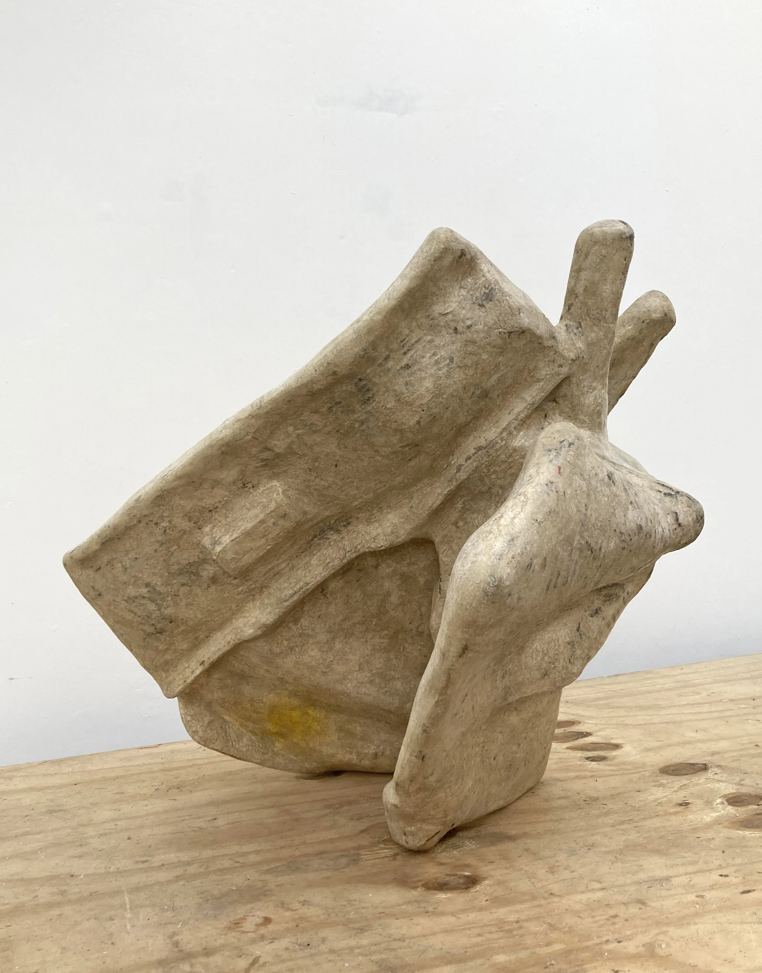 Untitled 2025 Newspaper,reused paper, inorganic household refuse, chalk remnants, votive candle residue 64 x 68 x 52 cm. Photo: J.E. Visser.