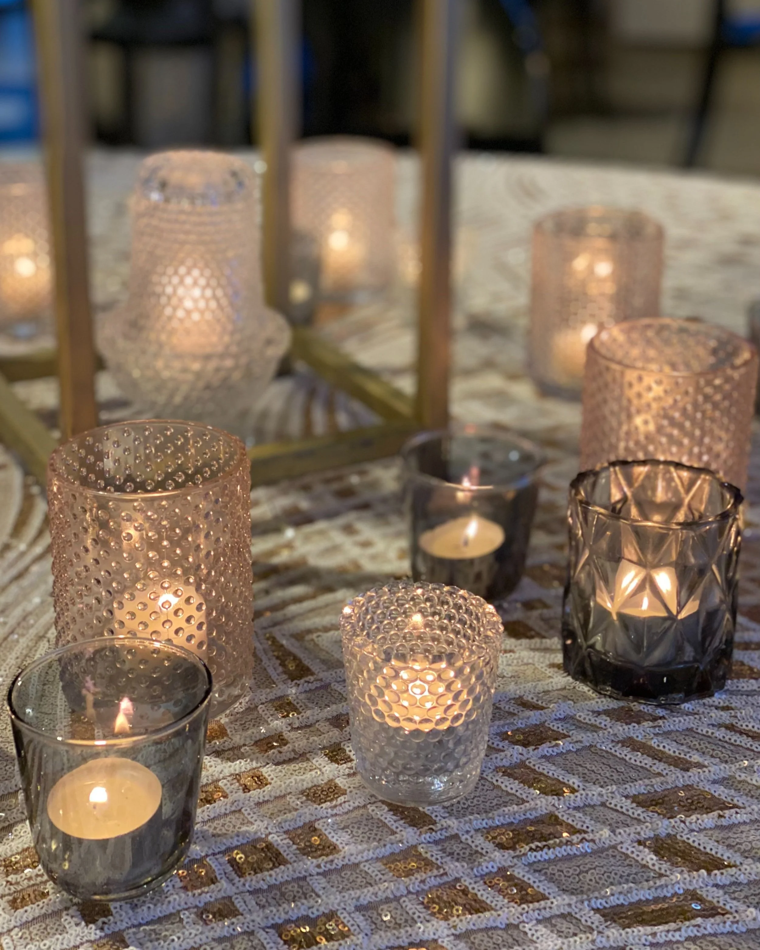 colored glass votives for rent for weddings and events