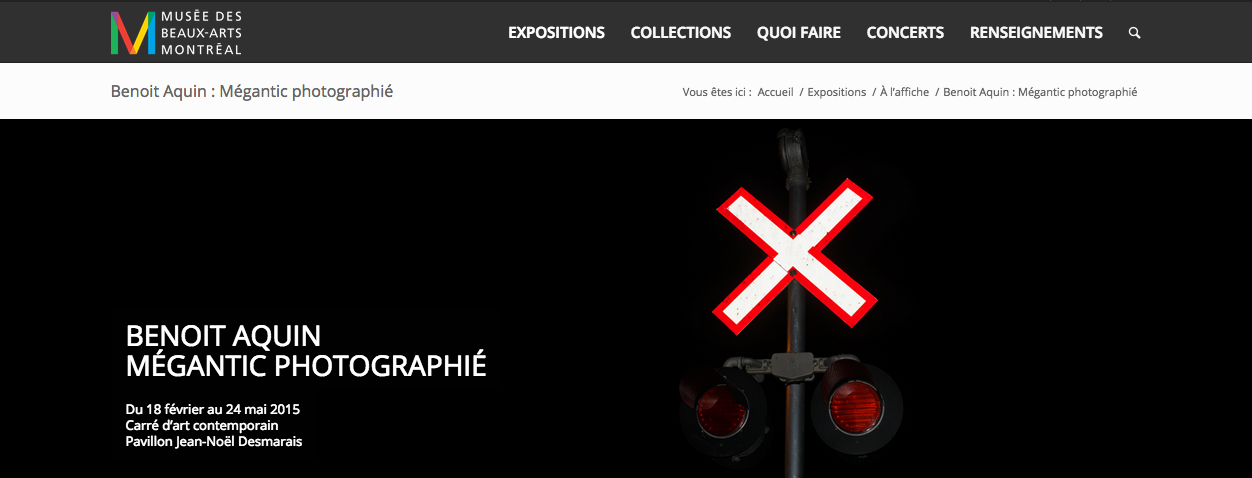 Depuis vingt-cinq ans, le photographe montréalais Benoit Aquin parcourt le monde pour dévoiler les enjeux environnementaux et les histoires humaines qui s’y rattachent. Il adopte une approche engagée en phase avec la sensibilité de son époque. Il travaille par projet, étudiant ses sujets en profondeur avant de les capter avec son appareil-photo. Les catastrophes climatiques l’interpellent comme en témoignent ses séries Tsunami (2004), réalisée en Indonésie, et Haïti (2010-2011). Les changements écologiques font aussi partie de ses préoccupations : le réchauffement climatique du Grand Nord québécois (2005) ou la crise alimentaire en Égypte en 2007. Il remporte le prix Pictet en 2008 pour les images de sa série The Chinese Dust Bowl (2006-2007). Pour illustrer le thème de l’eau de ce prestigieux concours, il choisit la sécheresse d’origine humaine. Dans ce contexte de création, il n’est pas surprenant qu’il se tourne vers la tragédie de Lac-Mégantic. L’exposition Mégantic photographié comprend quarante photographies montrant l’empathie du photographe pour son sujet. Treize photographies de cette série inédite au Canada ont été présentées aux Rencontres d’Arles lors d’une rétrospective des quatre premiers lauréats du Prix Pictet l’été dernier. La photographie Zone d’exclusion , de la série « Mégantic » a été choisie par The Guardian comme étant l’une des quinze meilleures images de ce festival annuel de photographies.