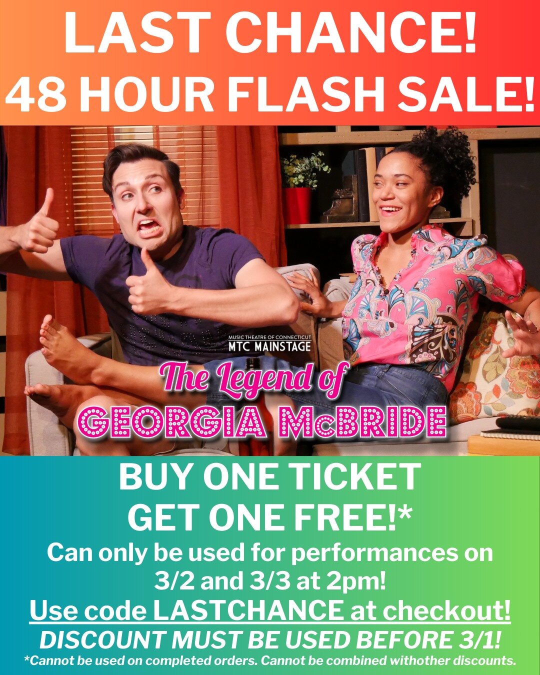 ⭐⚠DISCOUNT FOR 2PM PERFORMANCES!⚠⭐

YOUR LAST CHANCE TO SEE THE HILARIOUS GEORGIA MCBRIDE! Get two tickets for the price of one for 3/2 and 3/3 2PM performances! Discount code LASTCHANCE is only available through 2/29, so don't delay!*

📅 The Legend