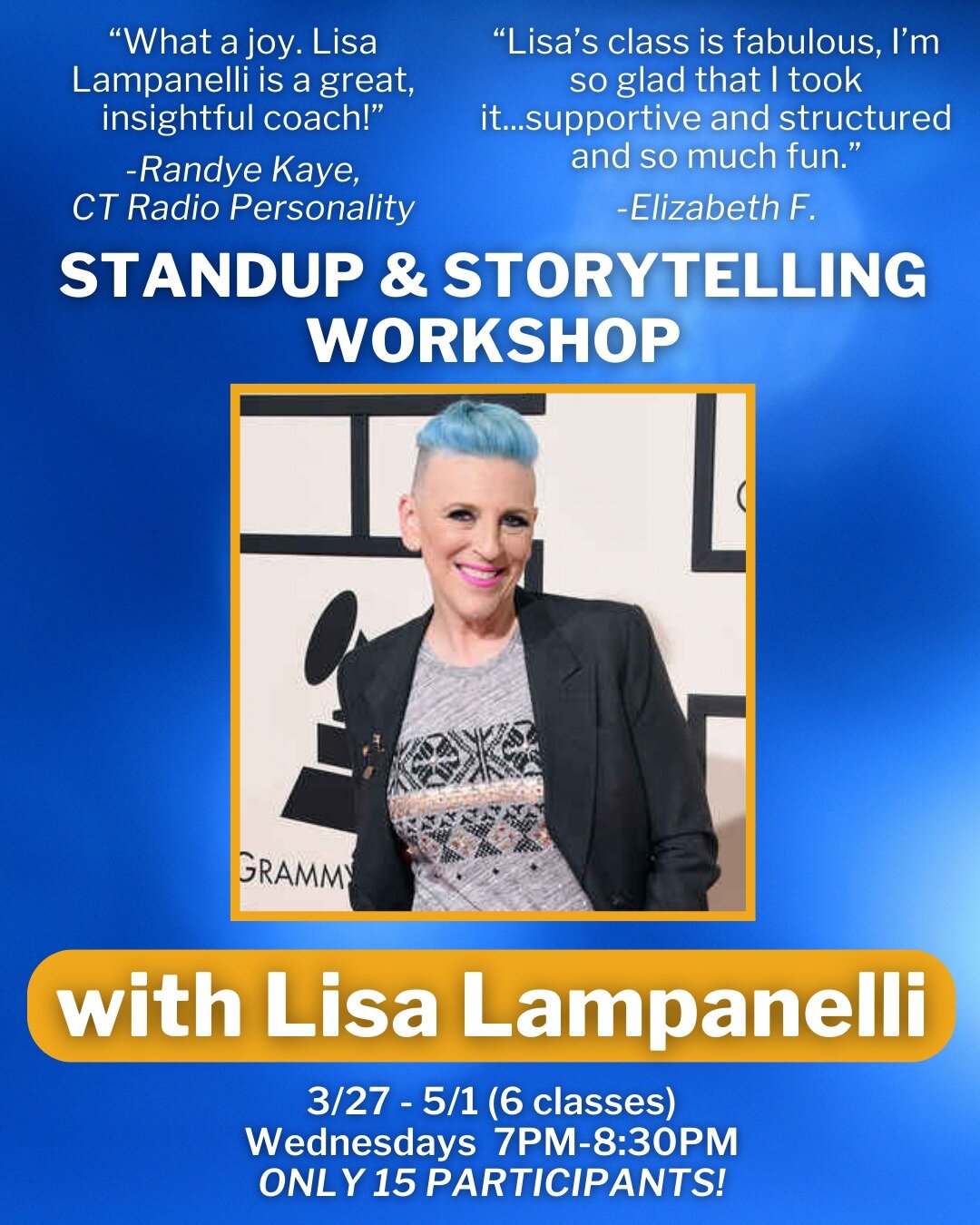 ⭐ONLY 5 SPOTS LEFT FOR OUR COMEDY WORKSHOP WITH LISA LAMPANELLI!⭐

Don't miss your chance to learn from a comedy icon this spring in a class for ALL LEVELS of students &ndash; from beginners to advanced! Grammy-nominated comedian Lisa Lampanelli is h