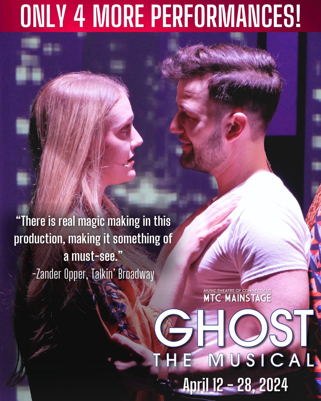 💙✨ONE FINAL WEEKEND TO SEE GHOST!✨💙

Don't miss your chance to see GHOST THE MUSICAL! The final four performances begin this FRIDAY with some almost sold out! Grab your tickets now before they're gone and see why audiences can't stop raving about M