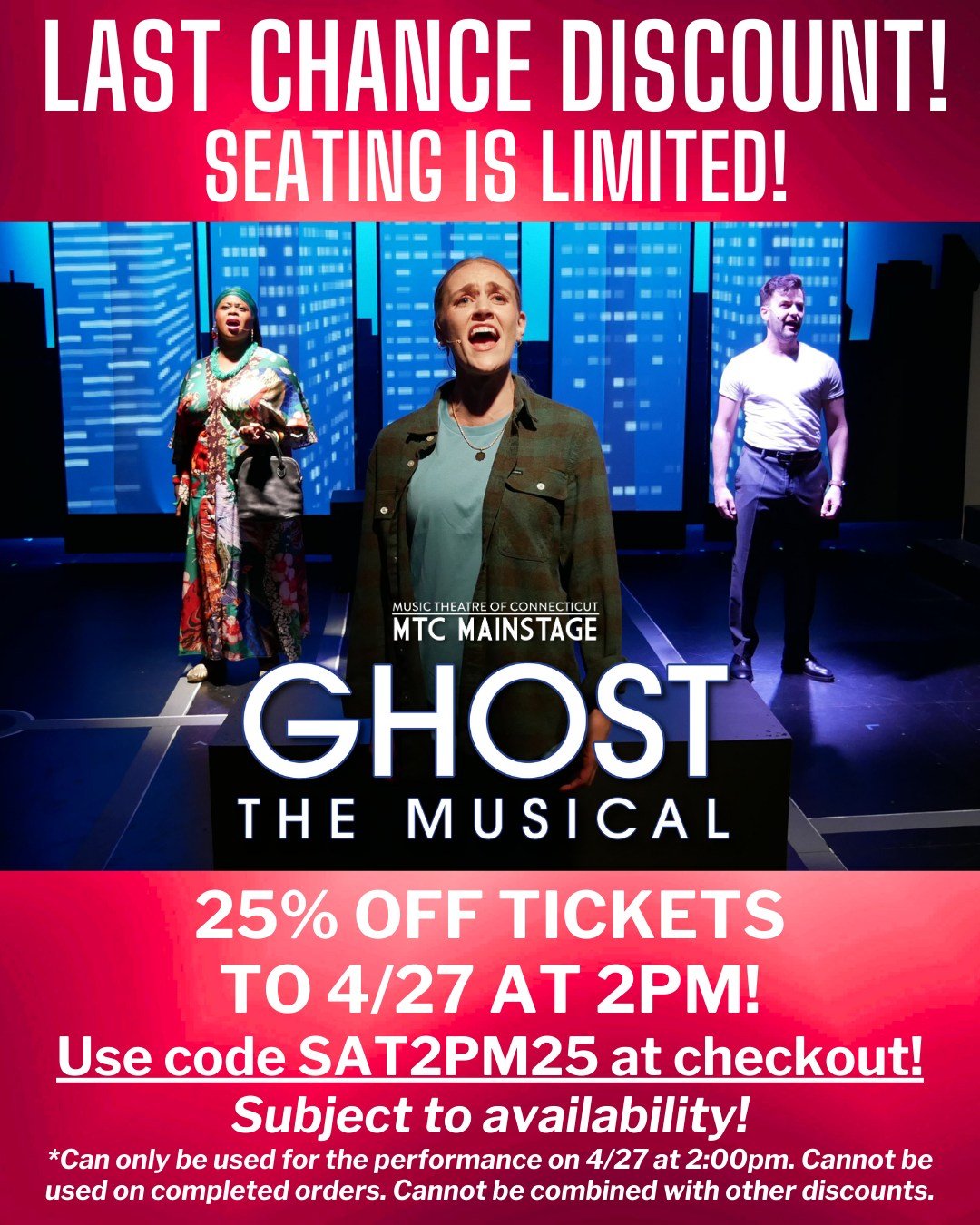 💙✨GET YOUR TICKETS BEFORE THEY'RE GONE!✨💙

YOUR LAST CHANCE TO SEE GHOST THE MUSICAL IS THIS WEEKEND! Get 25% OFF tickets to the Saturday, April 27th performance at 2PM using discount code SAT2PM25!

📅 Ghost the Musical continues April 26th-28th w