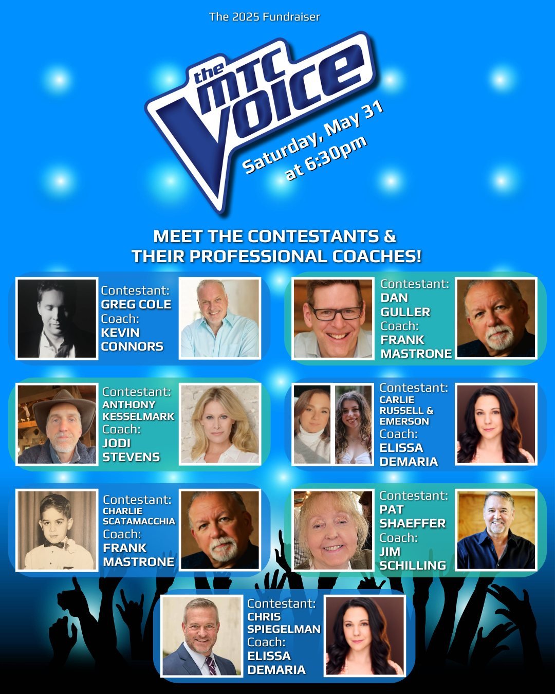 🎤✨ Meet the local stars competing in The MTC Voice and the incredible professional coaches guiding them! These talented performers are being mentored by MTC&rsquo;s co-founders and directors, Kevin Connors and Jim Schilling, Broadway veterans Frank 