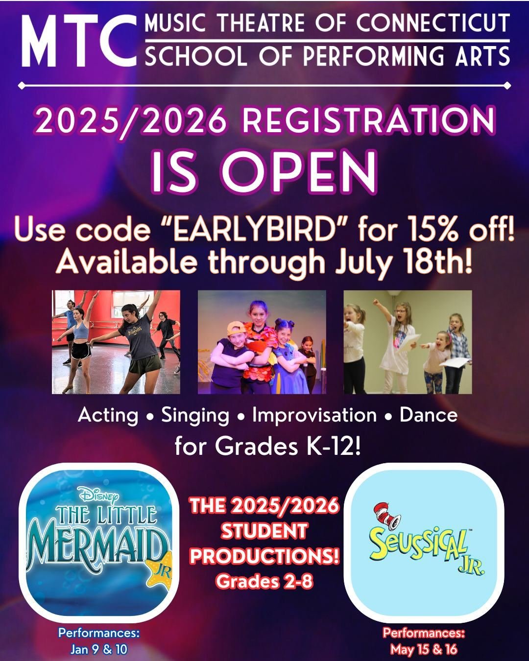🍂25/26 SCHOOL YEAR REGISTRATION IS OPEN!🍂

Classes begin September 29th! Register now using our EARLYBIRD discount and get 15% off most classes! (Discount ends after July 18th) OR get a 20% discount when you register for a THEATRE class &amp; a DAN