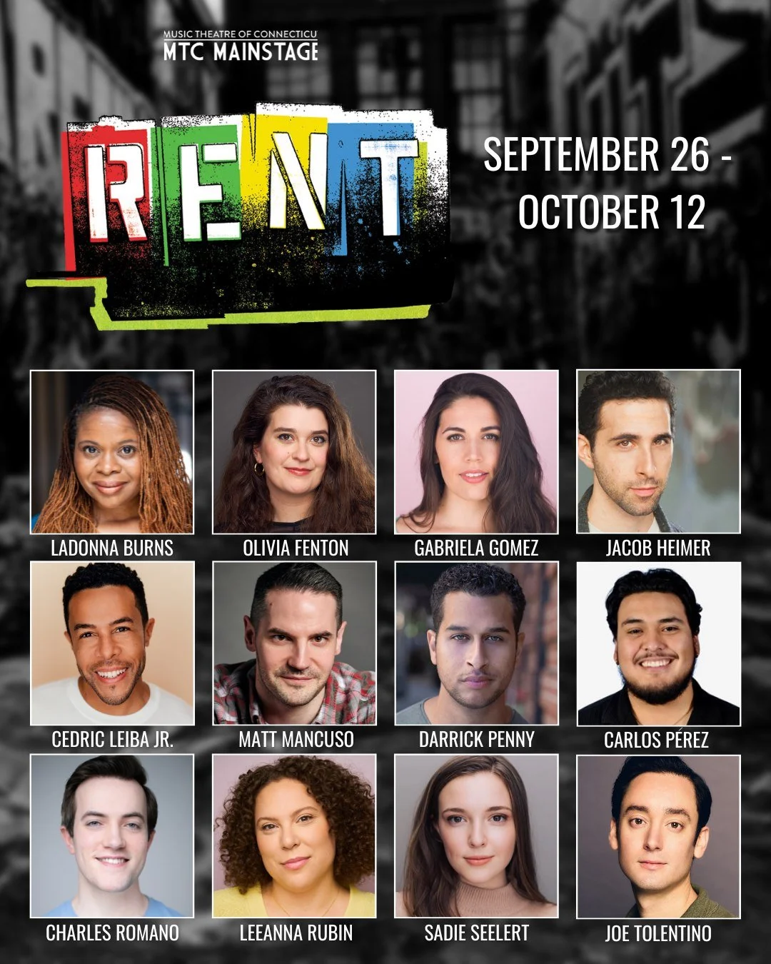 🕯️MEET THE ALL-STAR CAST OF MTC'S RENT!🕯️

We are thrilled to have Broadway's Jacob Heimer (BEAUTIFUL) return alongside other MTC MainStage veterans, LaDonna Burns (CT Critics Circle Award Winner for MTC's GHOST THE MUSICAL), Olivia Fenton (MTC's M