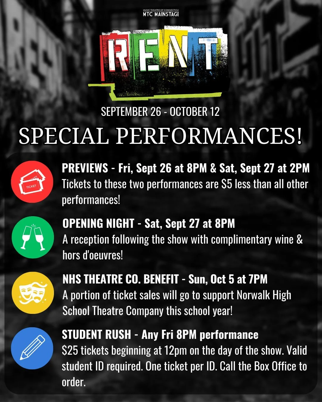 🕯️JOIN US FOR A SPECIAL PERFORMANCE OF RENT!🕯️

MTC's 39th season opens with the groundbreaking, Tony Award winning musical, RENT! Join us at a special performance and get ready for a powerful show!

📅RENT runs September 26 - October 12, 2025. Per