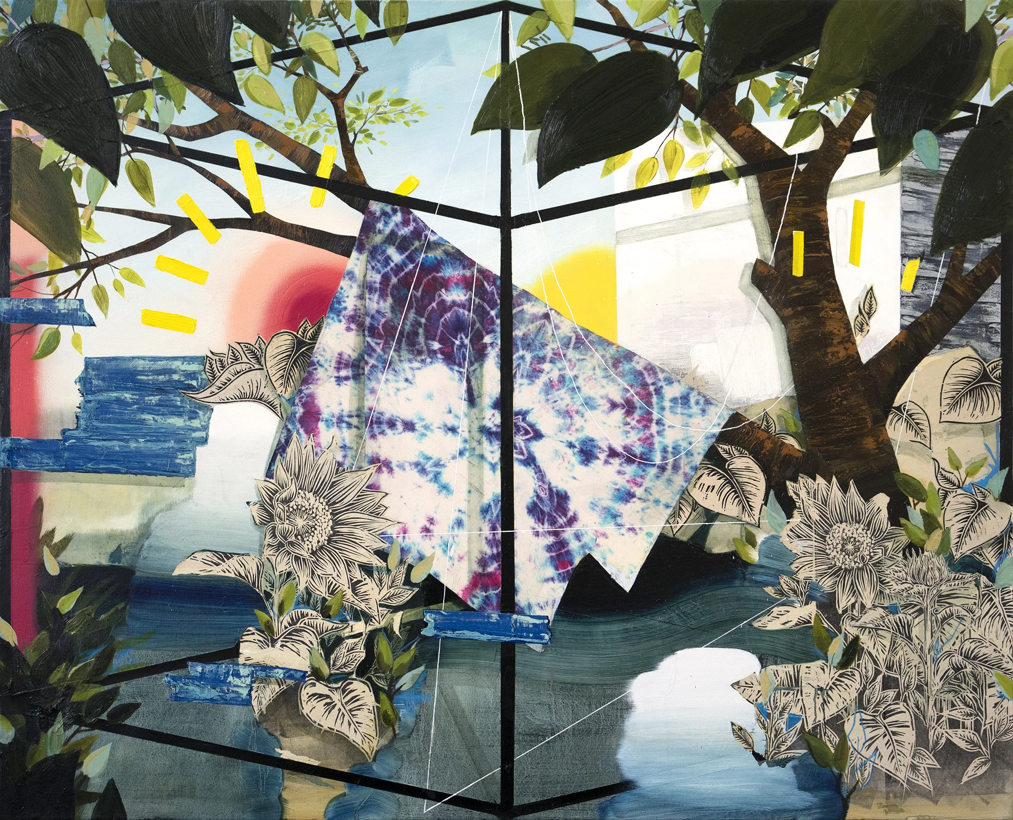 2014 52"x64" Oil, acrylic, collage, and spray paint on canvas.