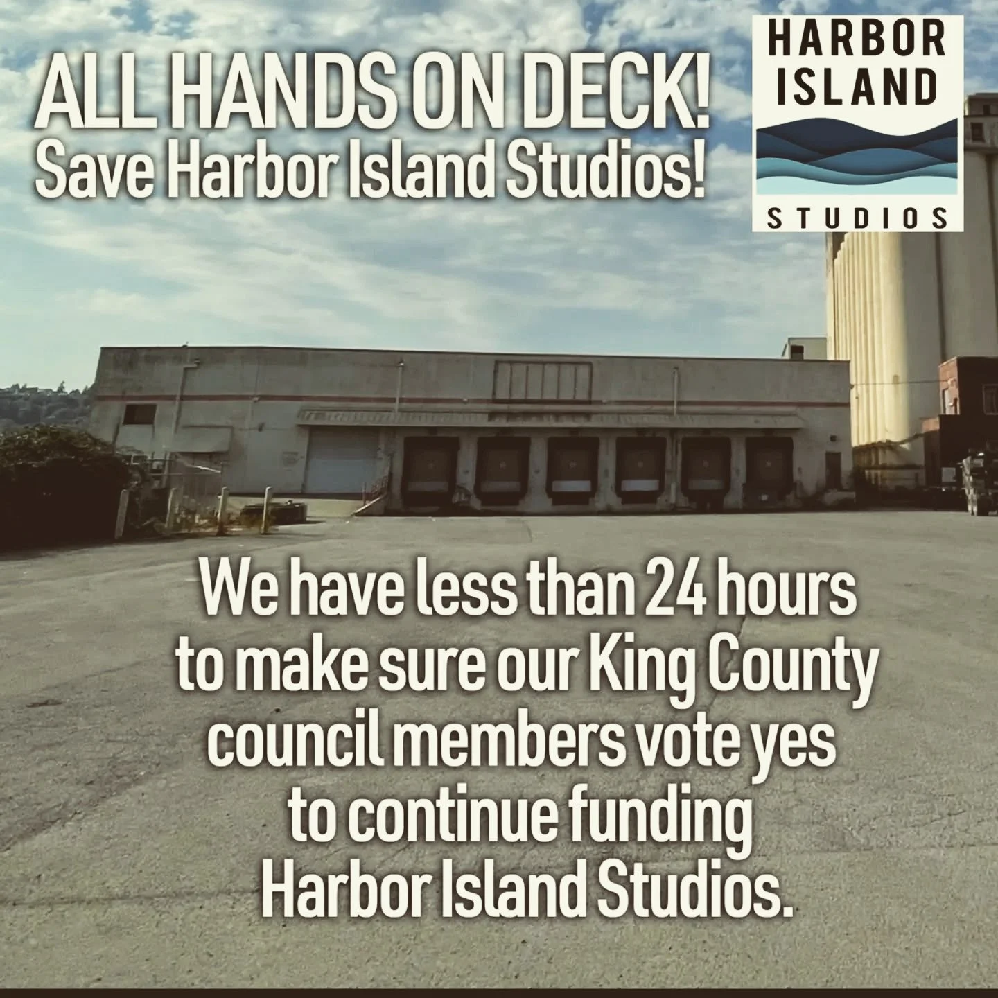 Hi Everyone
This is a CRITICAL NOTICE THAT NEEDS YOUR HELP &amp; ACTION TODAY
Harbor Island Studios is on the chopping block for the 2026 budget. King County Council is voting on it tomorrow at 11:00am. 
WE NEED EVERYONE TO SHOW THEIR SUPPORT + WRITE