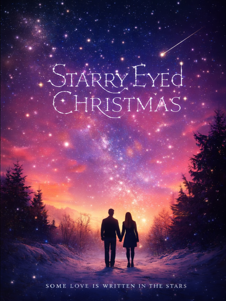 Silhouettes of a couple holding hands walking on a snowy path surrounded by trees, under a colorful, starry night sky with a visible shooting star and the Milky Way galaxy, with text overlay reading "Starry Eyed Christmas" and a tagline "Some love is written in the stars."