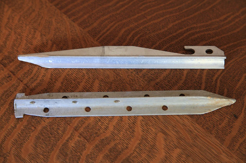Ultimate stake on top, a well-used Chouinard T-Stake below