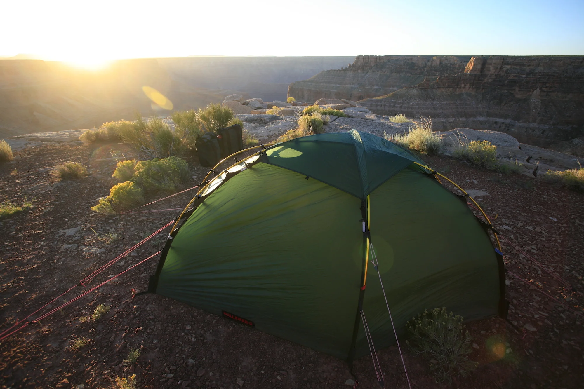 A superb Hilleberg Soulo single-person tent, well-guyed and staked against Grand Canyon katabatic gusts.