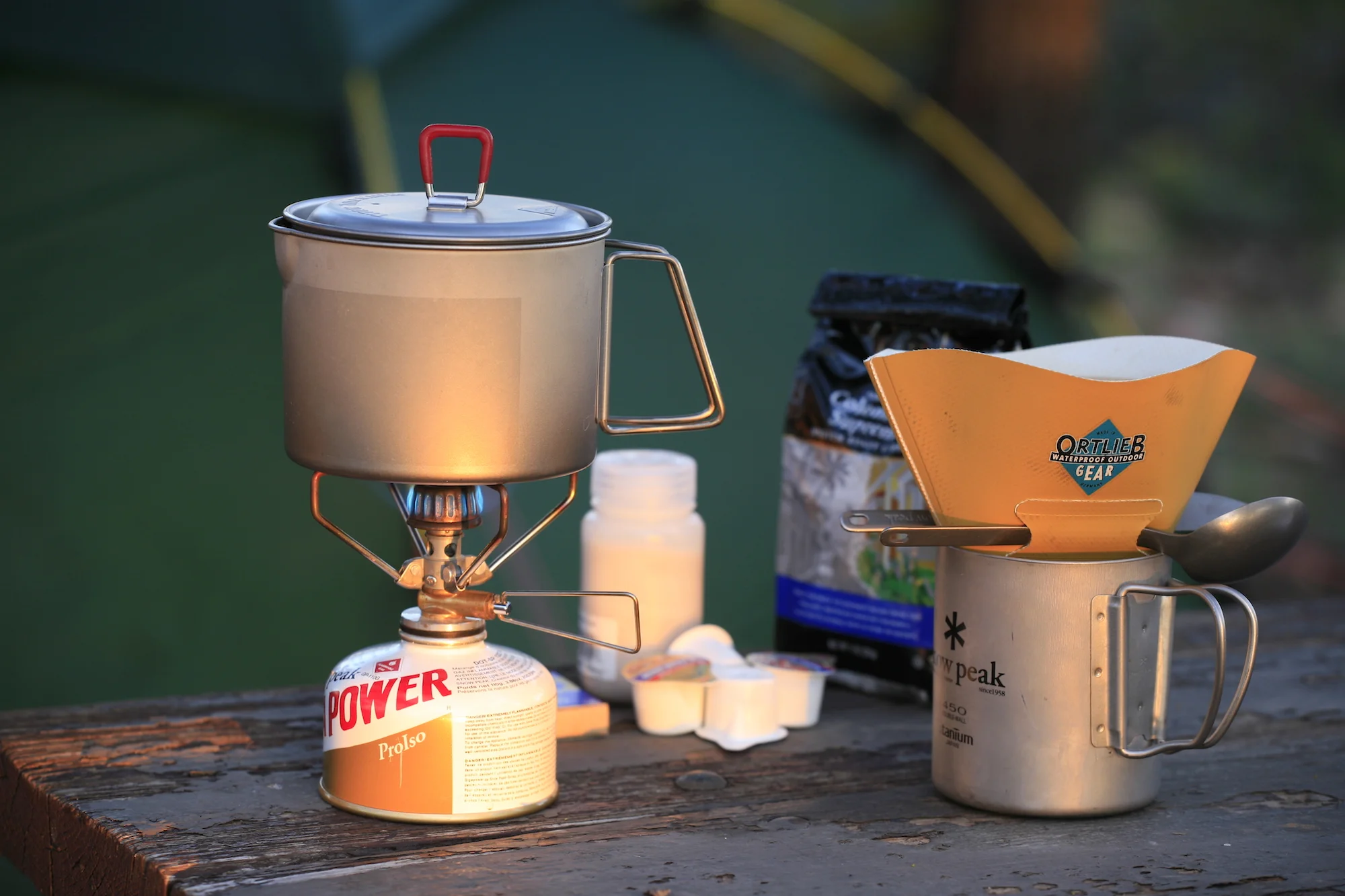 Snow Peak Giga Power stove, MSR Titan kettle, Snow Peak 450 mug, Ortlieb filter holder
