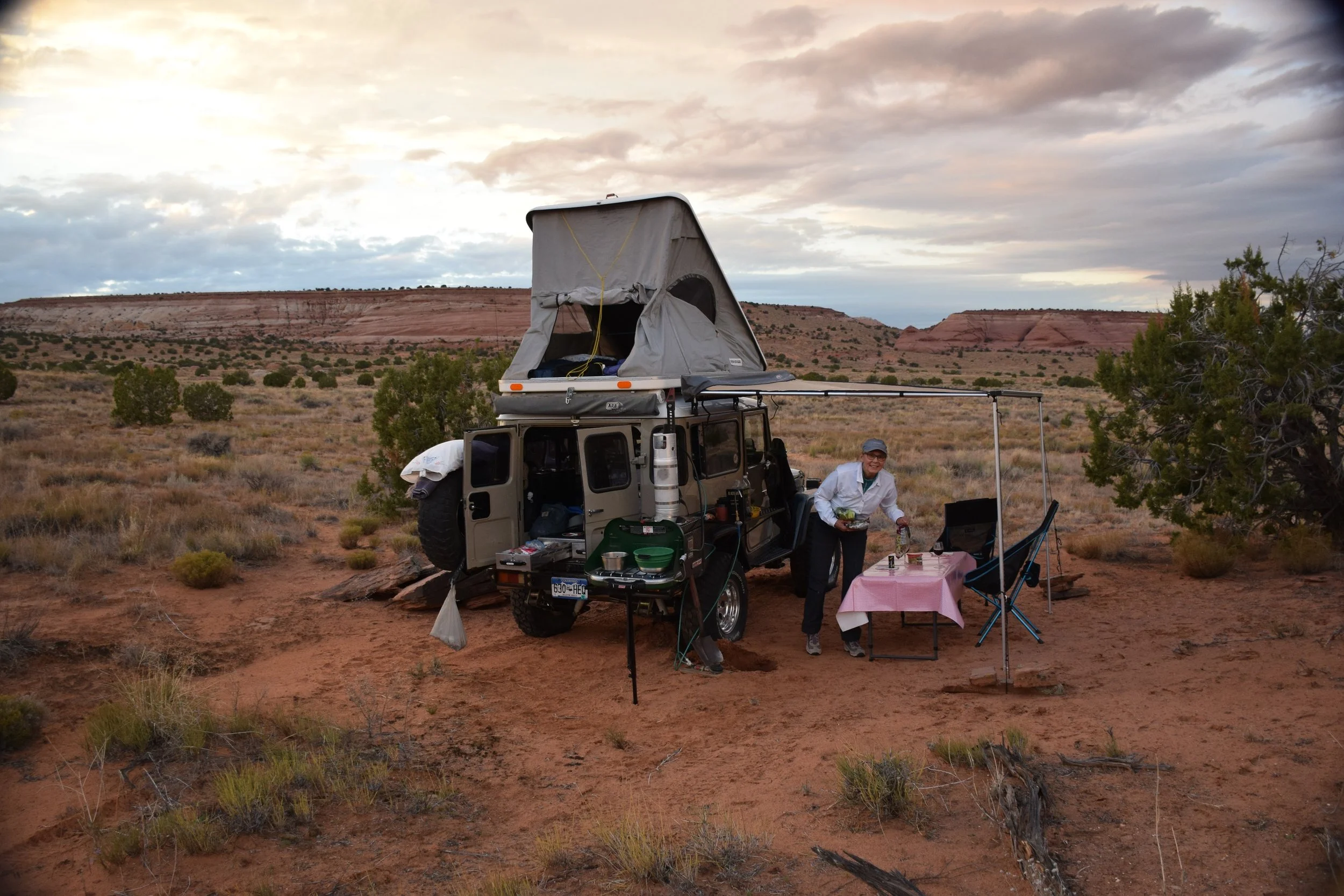 Steve's wife, Linda, enjoying a perfect campsite.