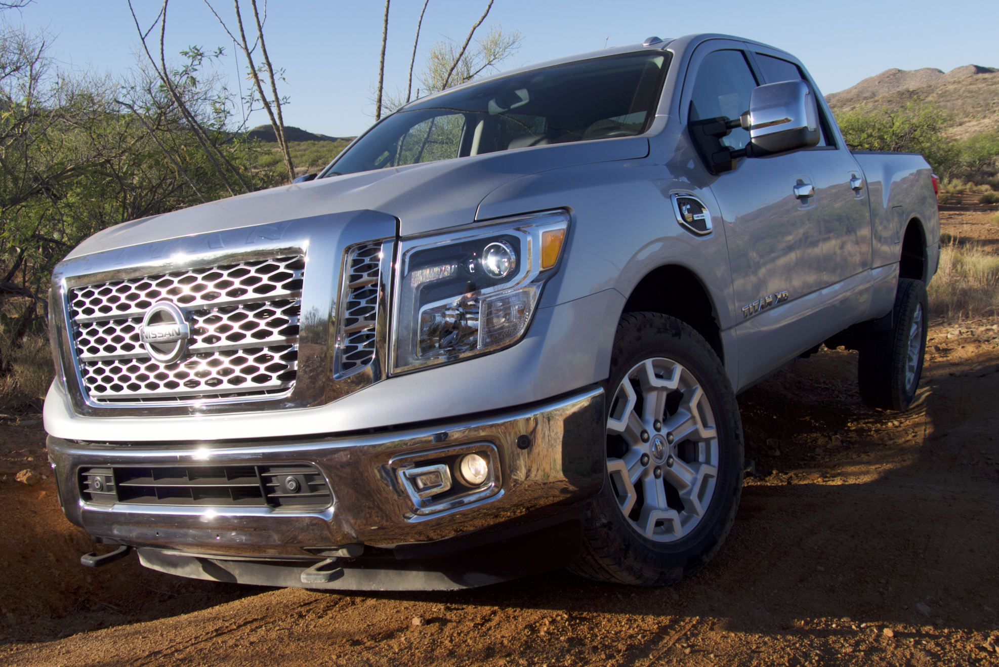 The Nissan Titan XD's traction control will pull it through situations such as this, but not without some wheel spin.