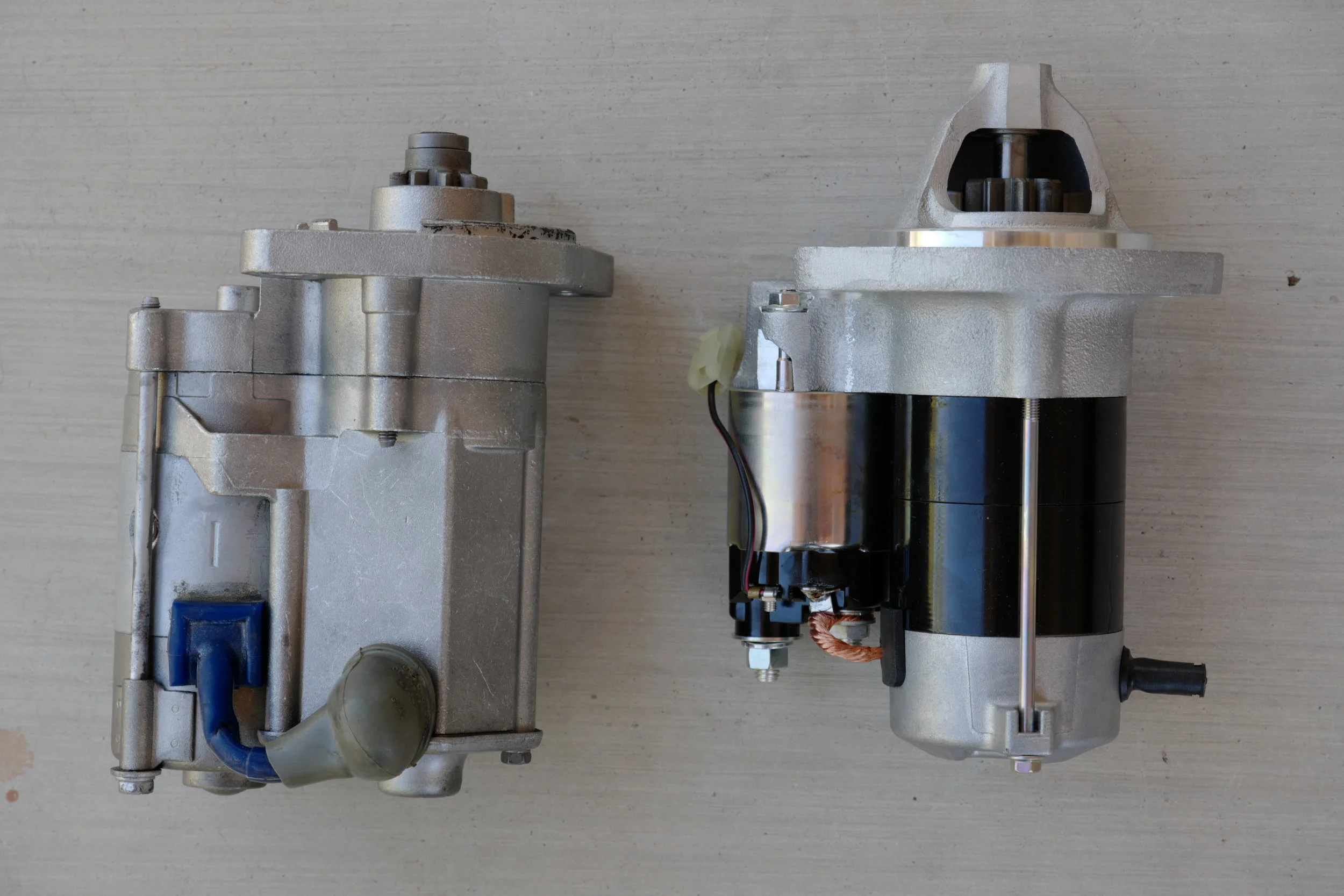 Aftermarket starter on the left; Toyota starter on the right