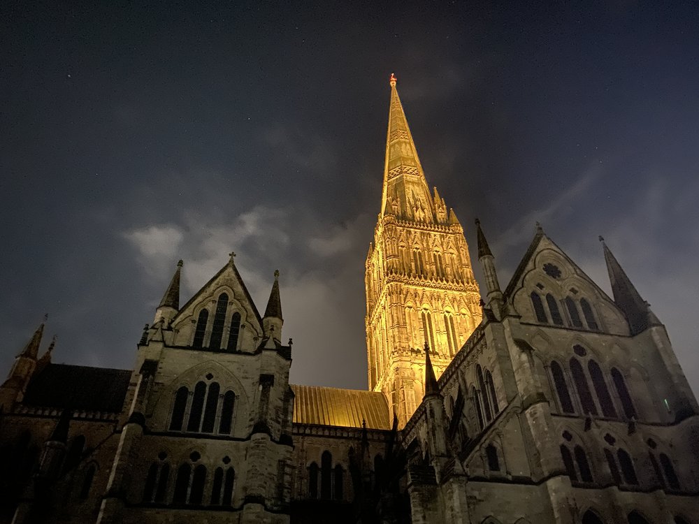 Salisbury Cathedral by moonlight.