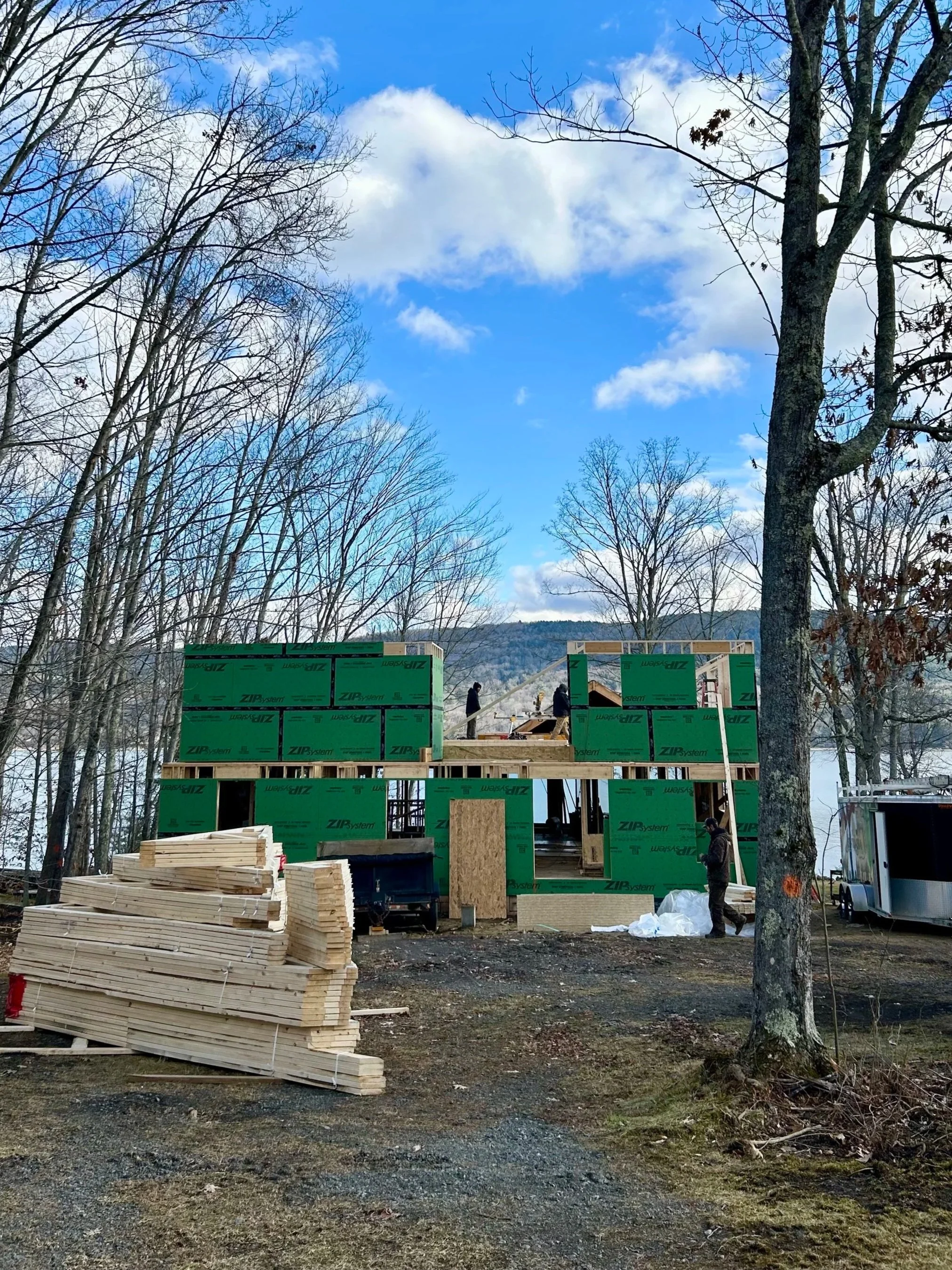 Steel Pines crew framing a custom lakefront home in Edinburg, NY
