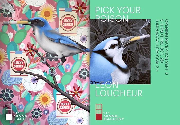 I will presenting a new body of work, titled “ Pick Your Poison ,” at 111 Minna on Friday, September 6th Artist Statement: Ours is an era of unprecedented gluttony, where the abundance that meets our every need is outdone only by our mounting desires for more. This is the crux of our consumer culture, established on the fundamental notion that “enough” is never enough. Corporate overseers work tirelessly to ensure that our bottomless desires are satisfied only temporarily, and that every satisfaction is short lived, followed quickly by a stronger urge for more. This cycle of indulgence is intentionally crafted by those who profit from it, and our resulting decisions inevitably come at the detriment of our own well-being. Convinced our actions are our own, we are the unwitting accomplices to our own demise, indulging in gratifications that are deceiving, and often toxic. In my solo exhibition, Pick Your Poison , I take a dive into this phenomenon, employing satire to address themes of consumerism, beauty, desire, and advertising. The body of work functions as a pop-tragic-comedy, juxtaposing elements of nature and beauty with the contaminants of corporate drug culture and advertising, operating on the explicit tension between the two. Corporate logos interplay with botanical designs and animals engaged in consumption to create a layered narrative that is simultaneously cheeky and dead serious. The work mirrors the phenomenon it addresses, presenting itself as desirable and alluring, and yet not hiding its devilish agenda; you know it’s bad for you, but you want it anyway. ………………………………………………………………………………………………………………………..