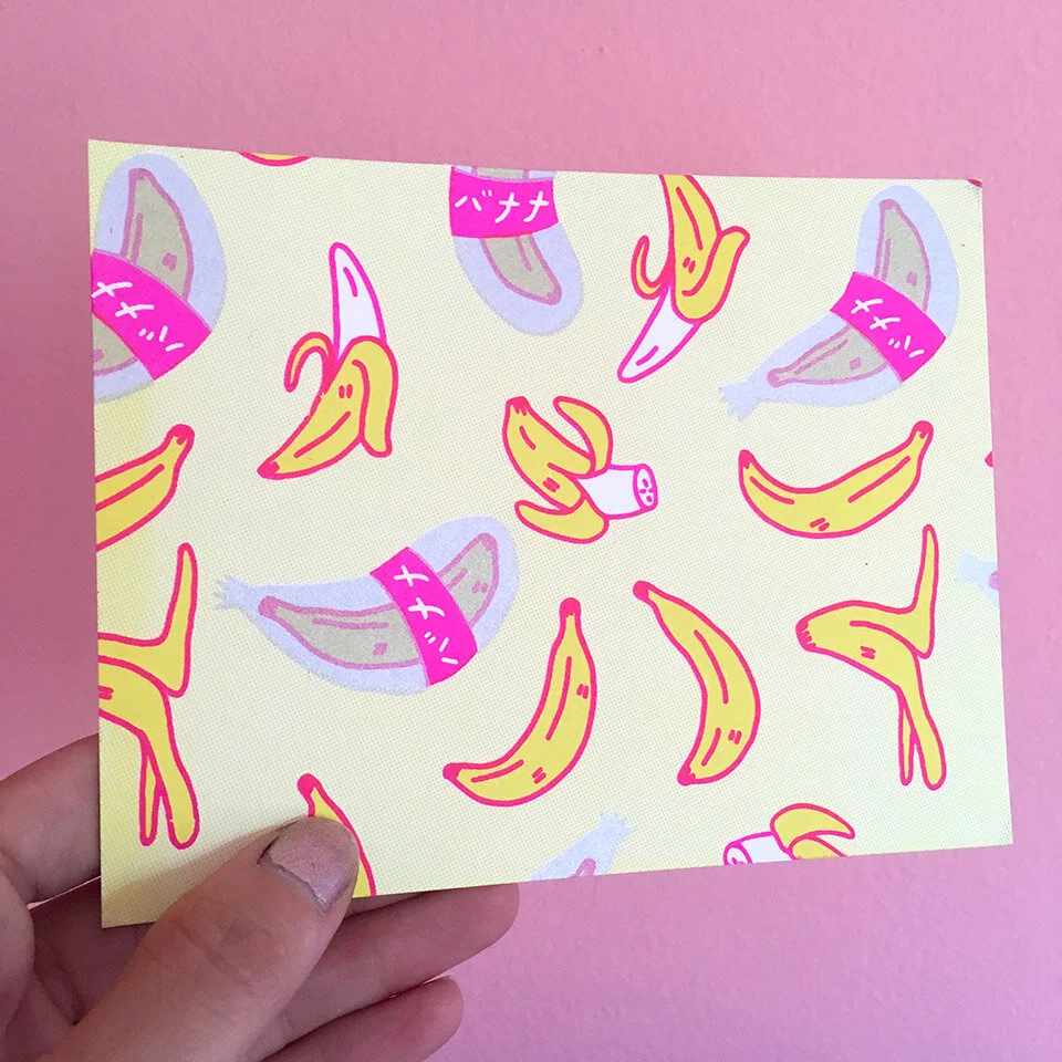 Yellow, fluorescent magenta, and transparent metallic silver-printed for Postcard #3