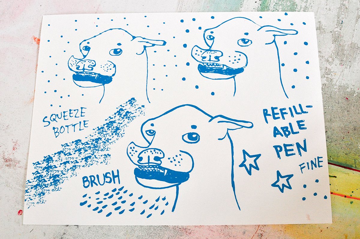 Drawing with drawing fluid for screen printing: paint pen? squeeze bottle?  Four tools tested — Melissa Dettloff
