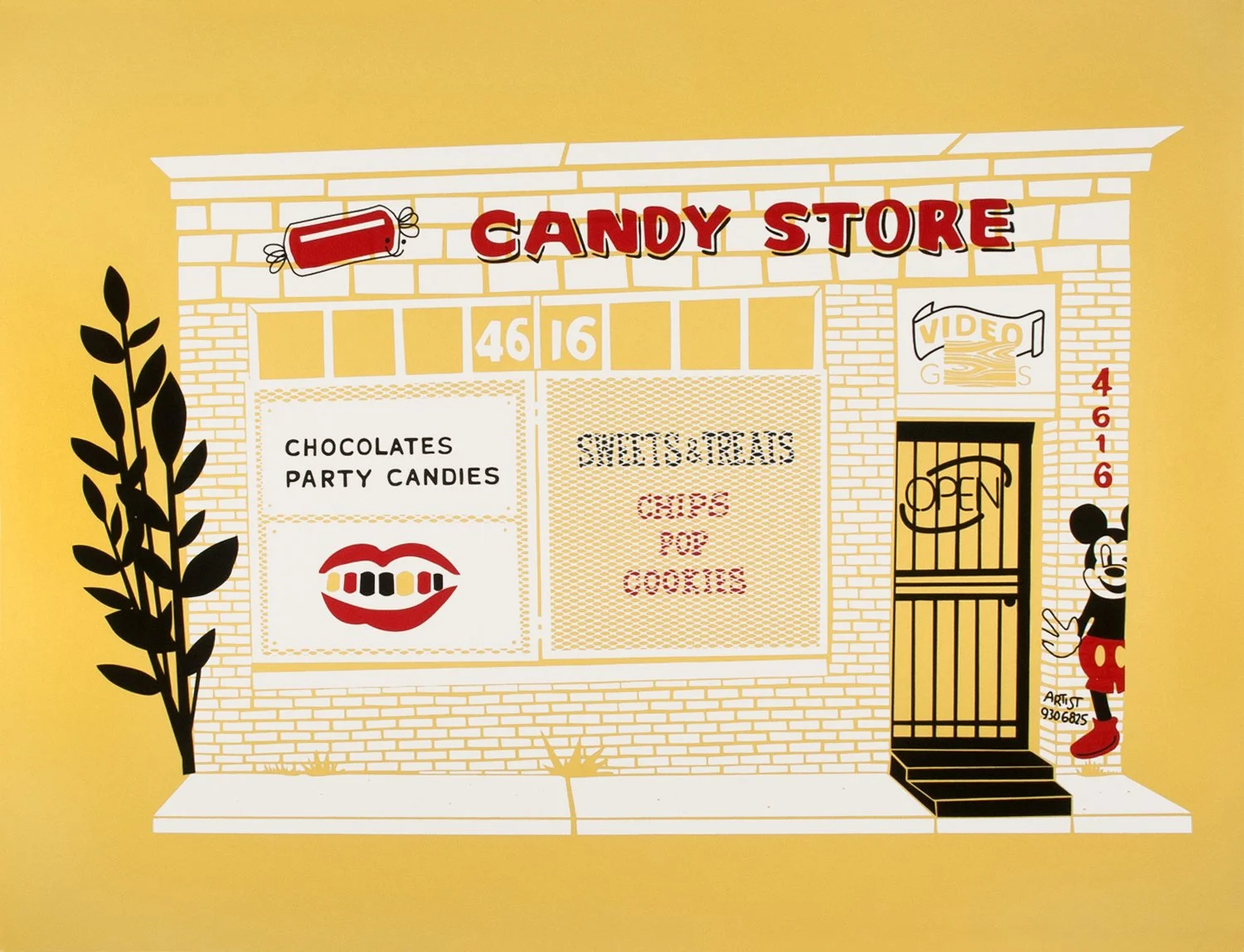 A screen print of a Detroit candy store on yellow paper.