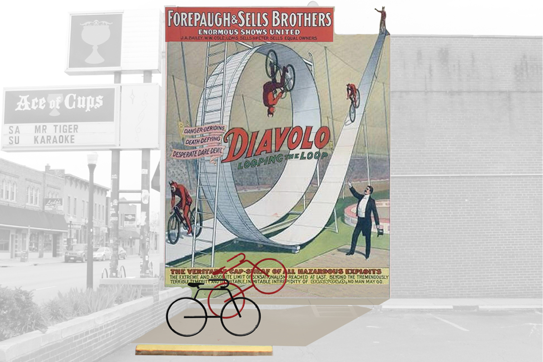 Concept mural featuring Old North Columbus historic resident Conn Baker aka "The Great Diavolo" performing his famous circus act.