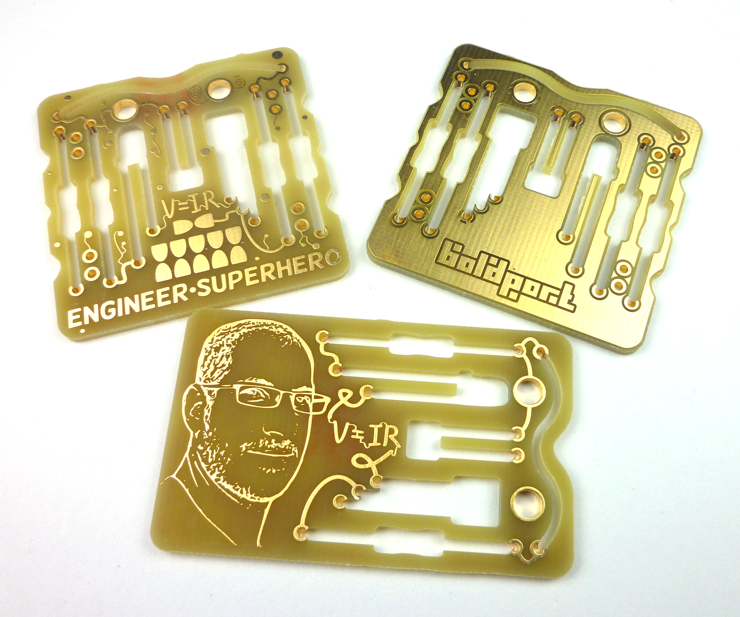 The ' emergency business card ' and ' engineer superhero kit ' are board without soldermask and silkscreen, made by Beta Layout.
