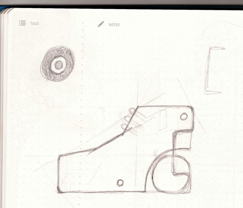 The idea of the board standing up instead of lying down came up and this is the first attempt. The concept was that the speaker would be mounted perpendicular to the board to support it (in the square recess on the right). Actually, this one shows both the possibility of the board lying down and standing up. Initial thoughts about UI are shown as LEDs that are connected on the side of the board with each lead on either side of the board. This concept did not survive to the final design ;)