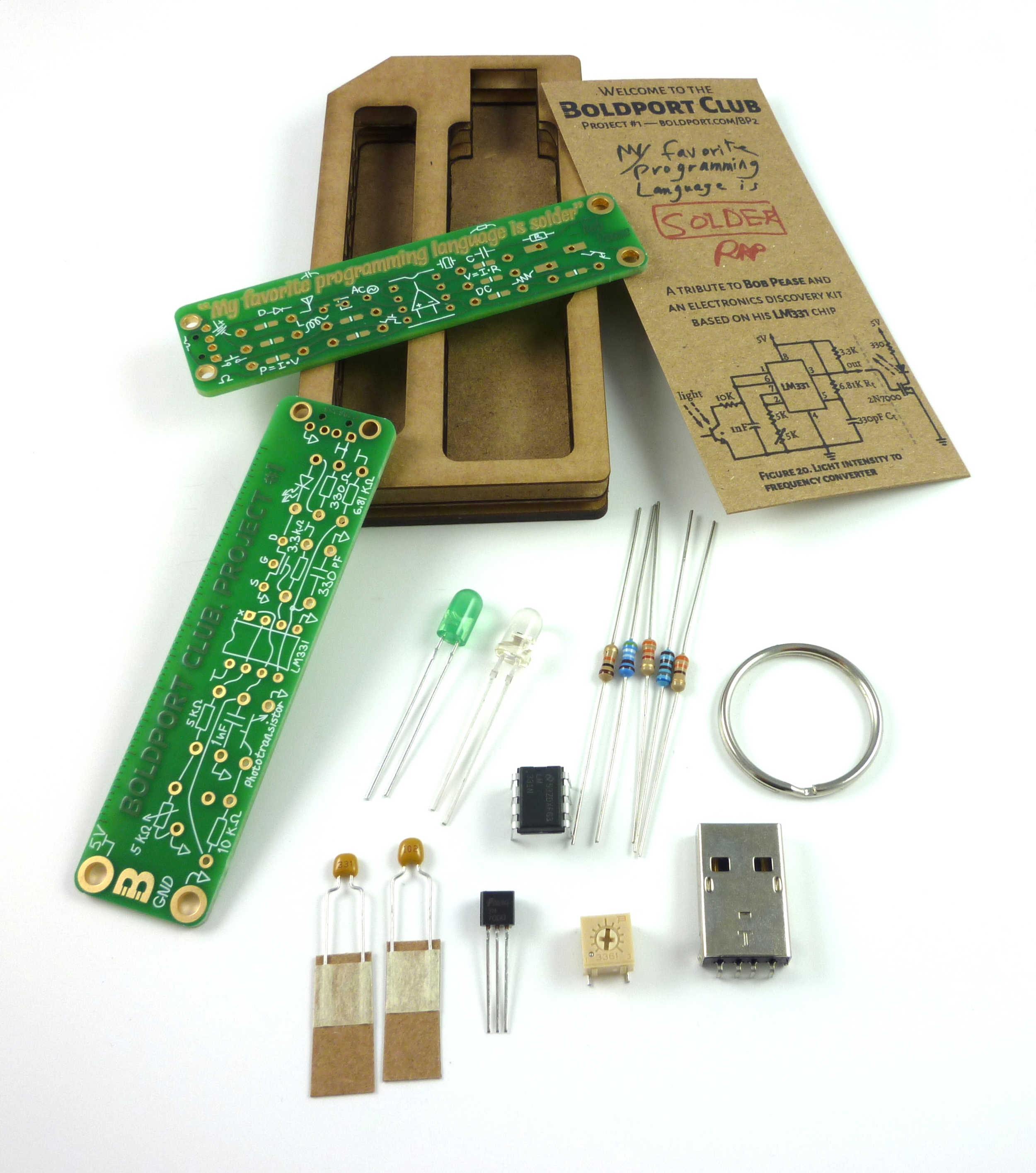 The contents of the kit. Each kit comes with two instances of the PCB.