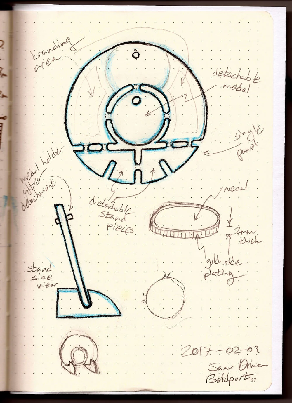 First concept sketch. A panel to be assembled by the recipient with a detachable medal. Here I already had concerns about how to reattach the medal once it has been removed.