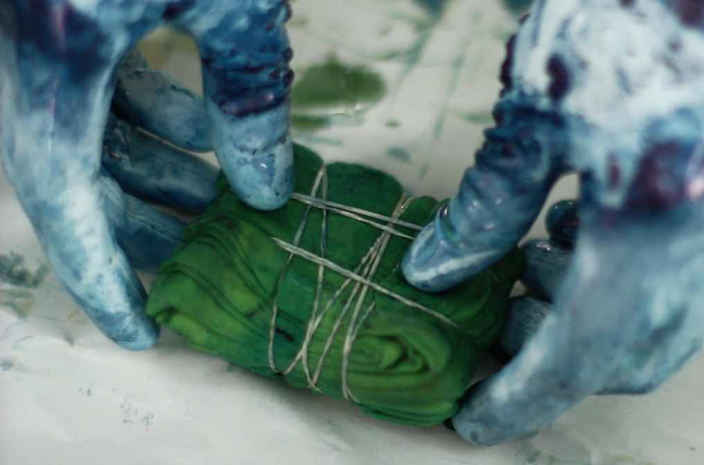 This is our fabric piece immediately after its was removed from the vat. Notice how it hasn't oxidized yet.