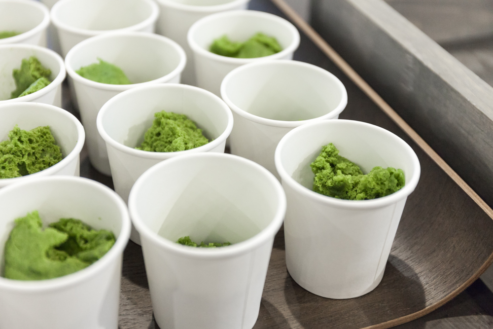 Bright-green samples of matcha mug cake. 