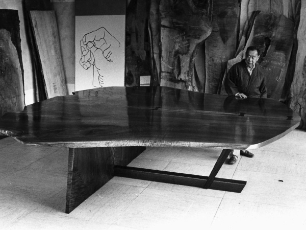 George Nakashima admiring the finished Altar in the Arts Building on the Nakashima compound before sending it to New York.