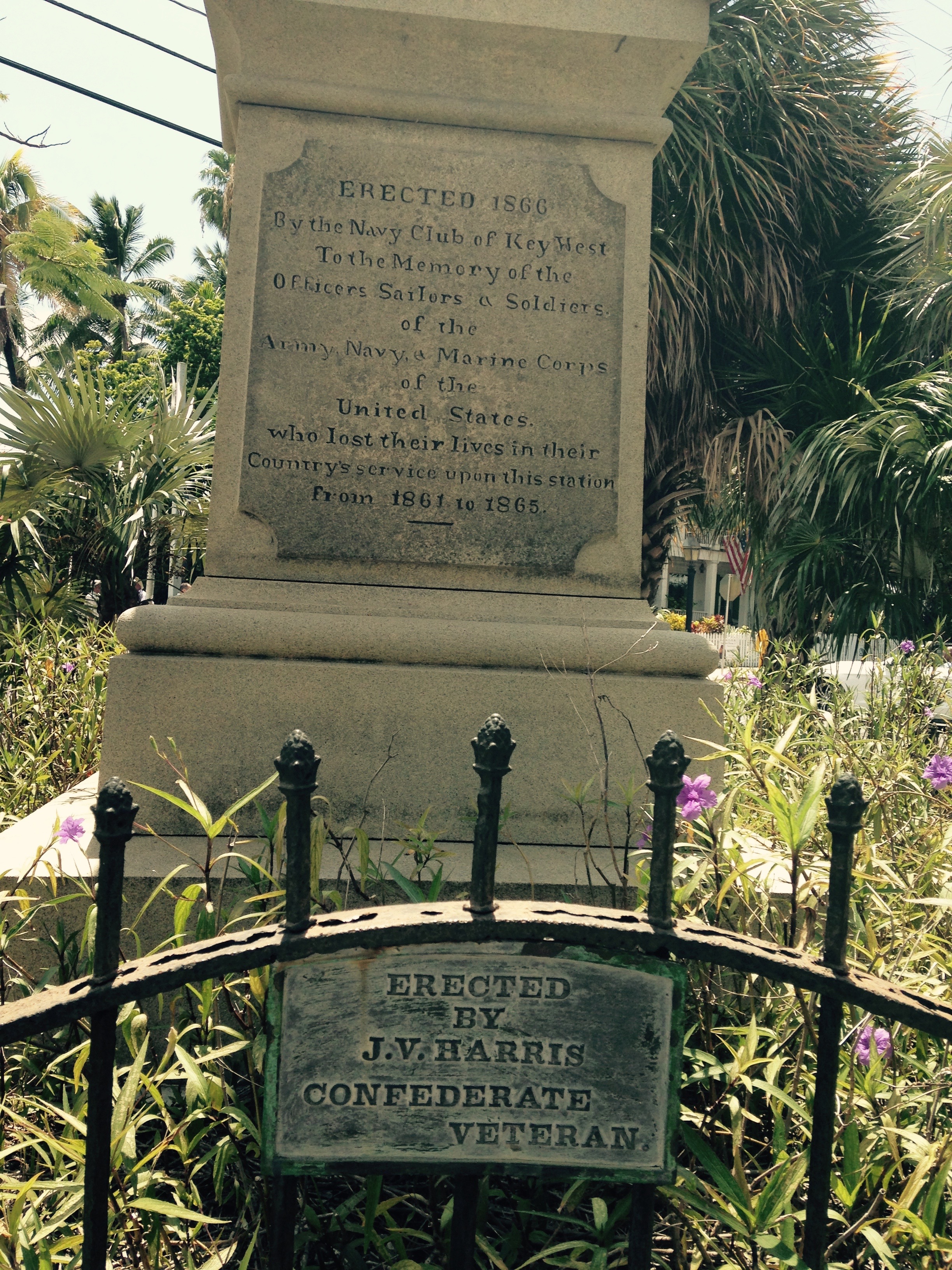 Key West's complicated Civil War legacy is on display at Clinton Place, near Key West Harbor. The obelisk built by the Navy Club for Union forces who died here during the war is surrounded by a cast-iron fence built by a Confederate veteran. Photo by Nancy Klingener.
