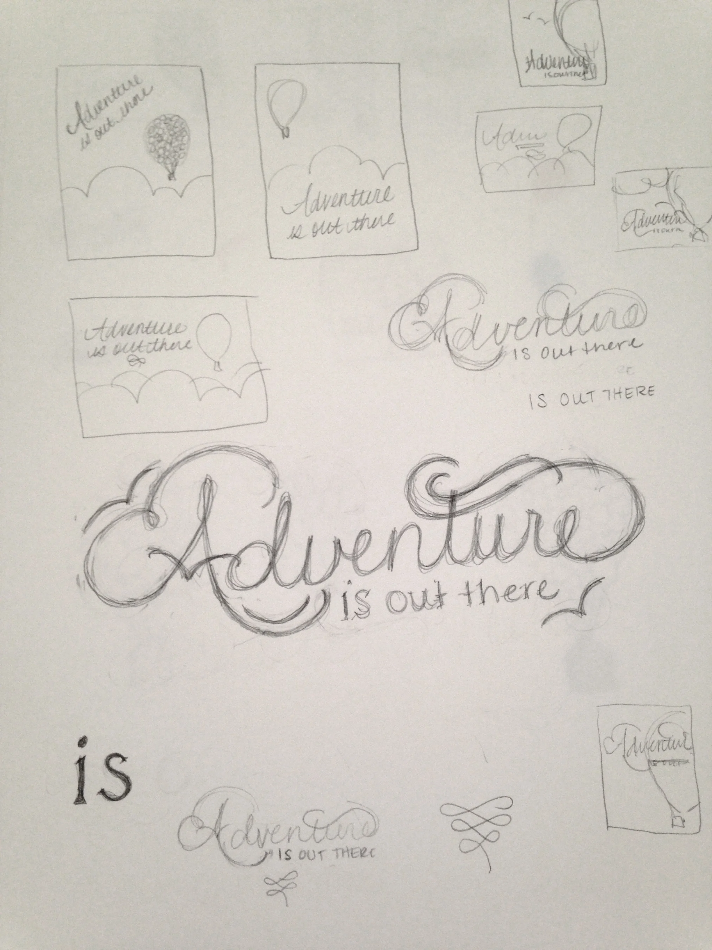 Here are loads of initial thumbnail sketches, and my original thought for the lettering. It's pretty but also kind of blah, which is why I pushed myself to make....