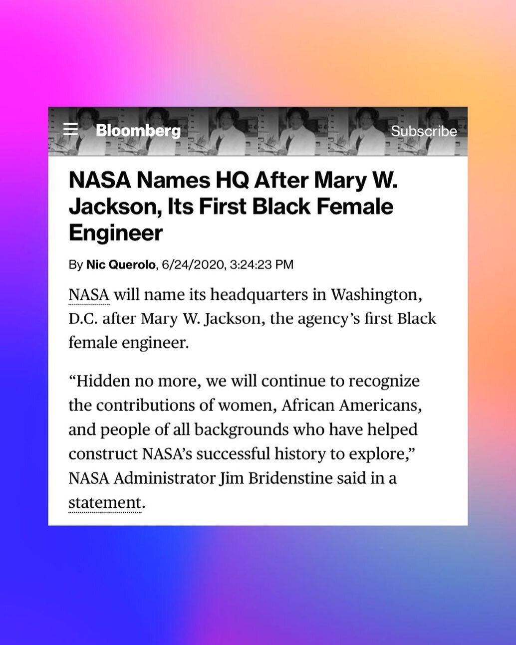 ✨In an extraordinary press release from @nasa yesterday, the agency announced the renaming of its headquarters building in Washington, D.C. to be named after Mary W. Jackson, the first African American female engineer at NASA. 👏🏽🪐
.
✨Mary W. Jacks