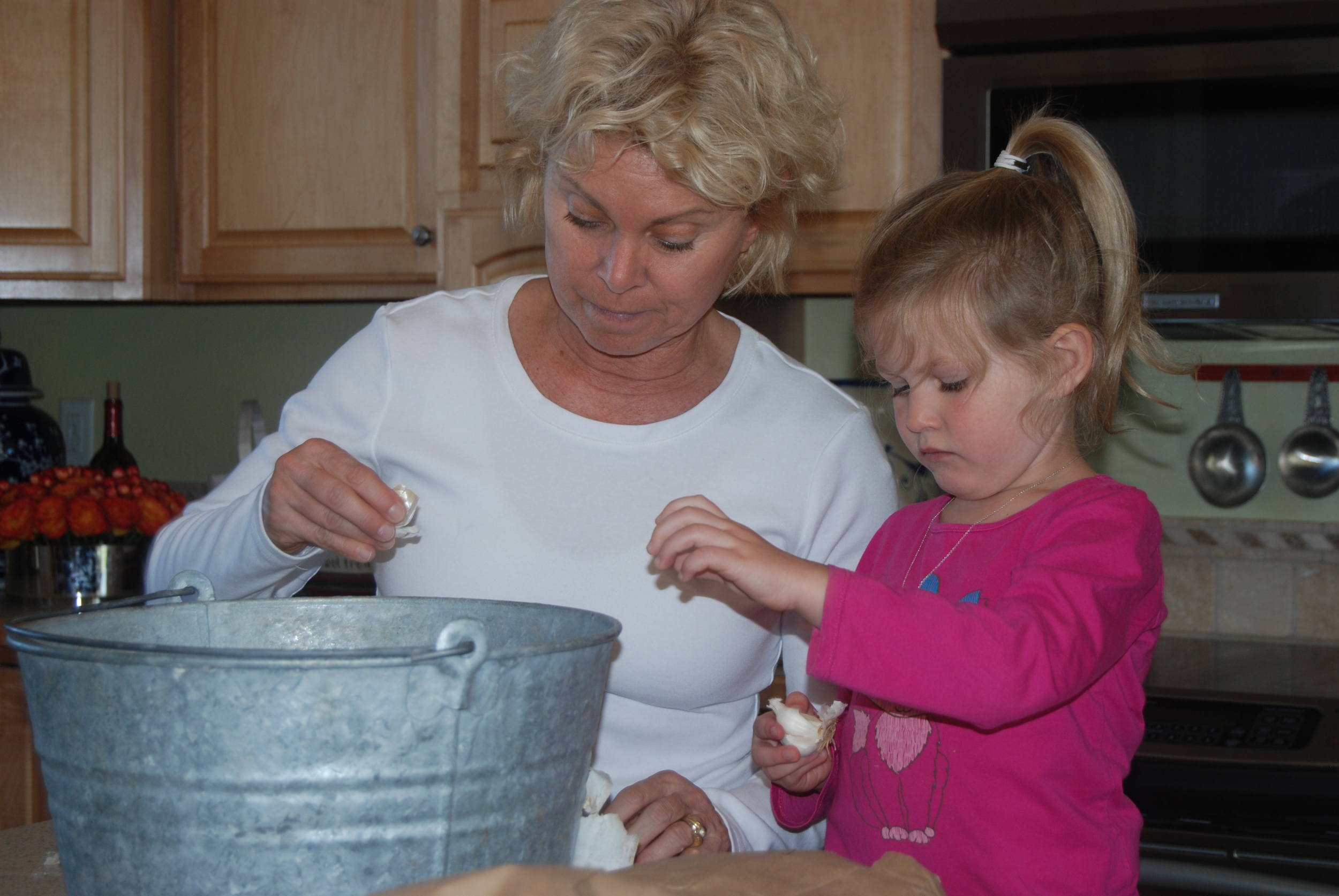 Small hands work best for separating garlic seed from the bulb, also helps that she is free labor.