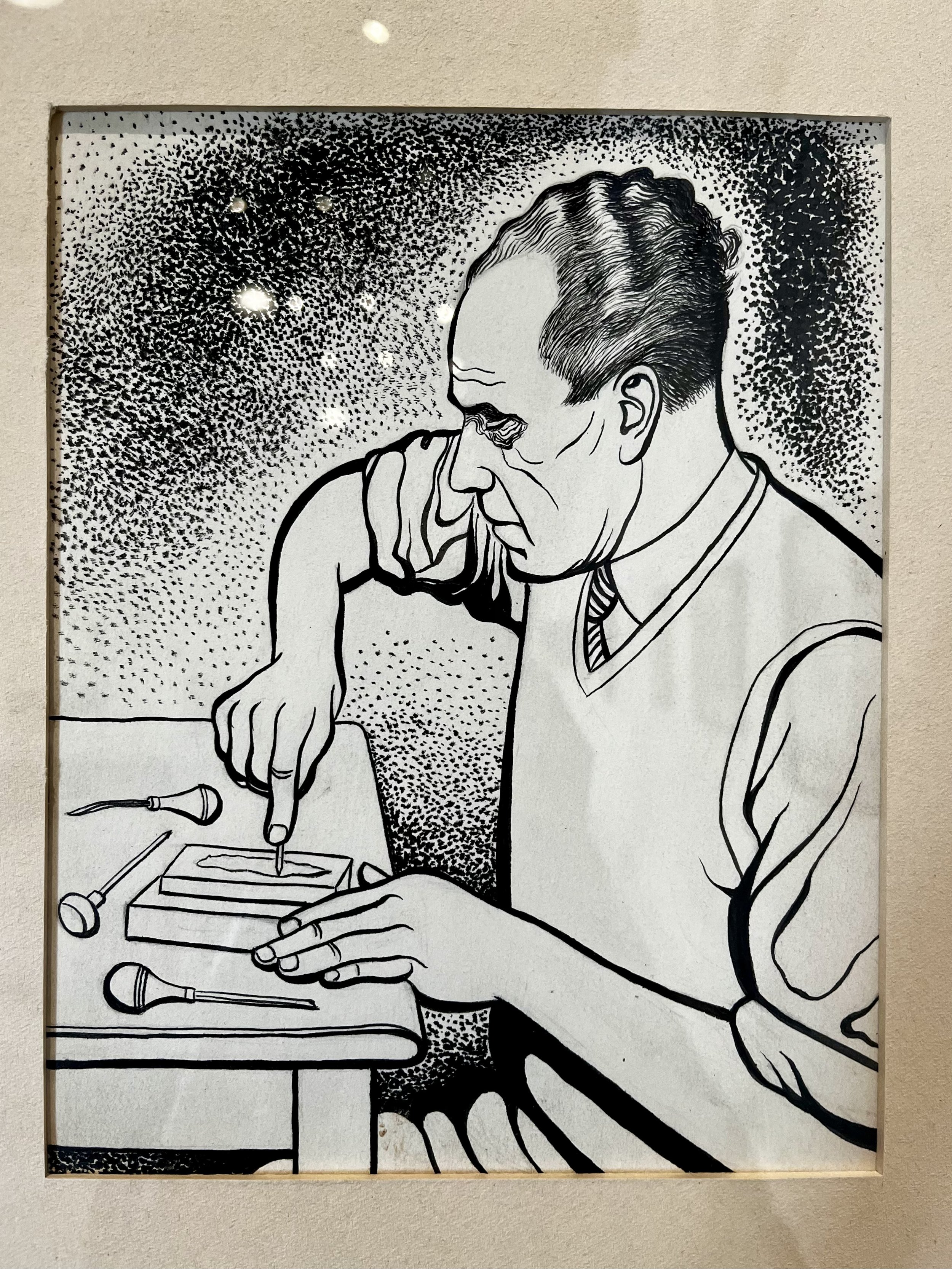 This print caught me by surprise. The print shows artist Erasto Cortéz Juárez, who looked very much like my grandfather. (Museo Taller Erasto Cortés Juárez)